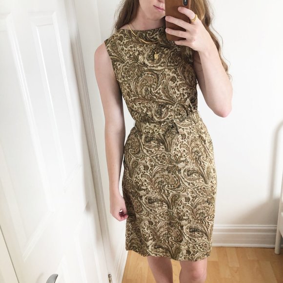 Vintage Dresses & Skirts - Stunning Vintage Vogue MCM Glittery Gold Print Belted Midi Dress Formal Cocktail